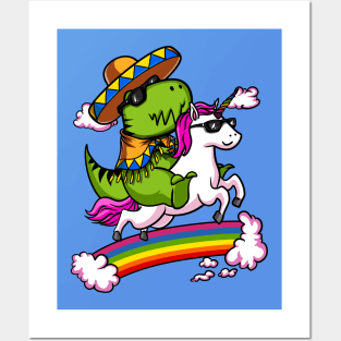 T-Rex Dinosaur Riding Unicorn Cinco de Mayo Posters and Art